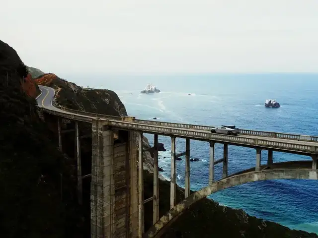 Bixby Bridge arching over a canyon on the Big Sur coast with the Pacific behind it