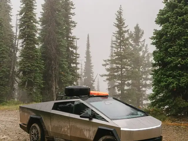 Troy's Cybertruck on a gravel pullout in a foggy alpine forest