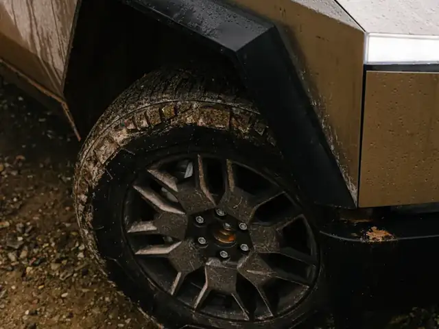 Close-up of a Cybertruck all-terrain tire and stainless fender on a gravel trail
